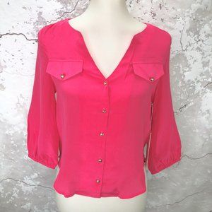 Line & Dot Pink Silk 3/4 Sleeve Button Top S NWT